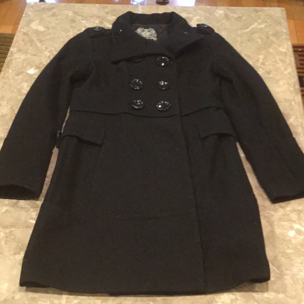 Esprit black wool blend funnel neck pea coat, size small.